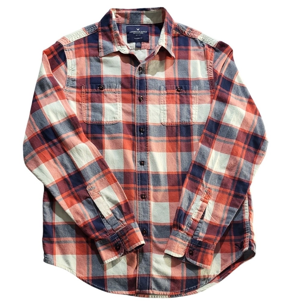 American Eagle Flannel Shirt Classic Fit Button Up Plaid Red Blue Size M